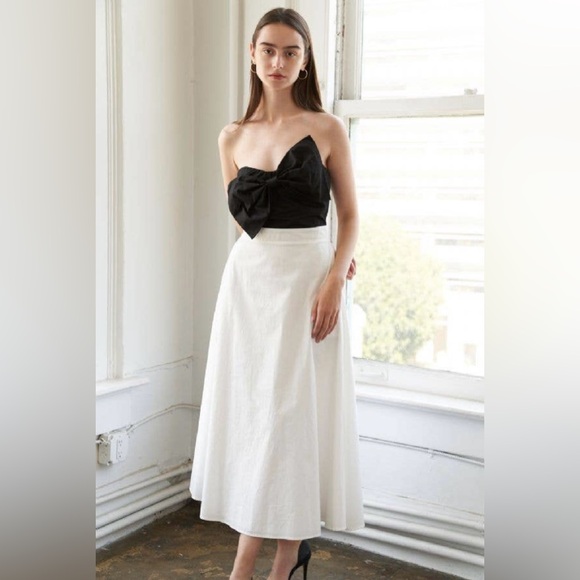Strapless Bow Midi Dress Black White A-Line